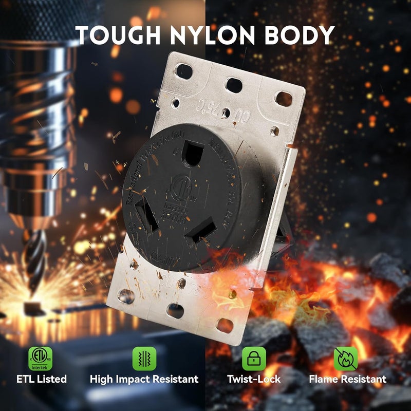 PLUGTUL 30 Amp RV Receptacle, NEMA TT-30R Outlet, Flush Mounting, Straight Blade, Industrial Grade, 30 Amp, 125 Volt, ETL Listed - Image 3